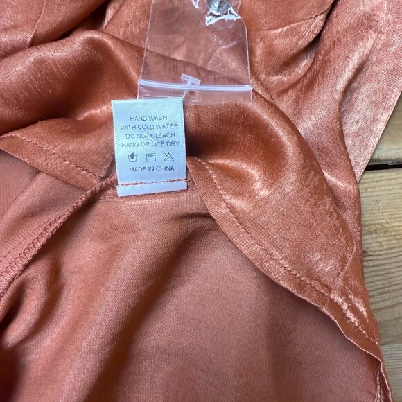 Aura | Size L | Silky Terracotta Cowl Blouse with Bow Neck and Jewel Buttons - Picture 11 of 11
